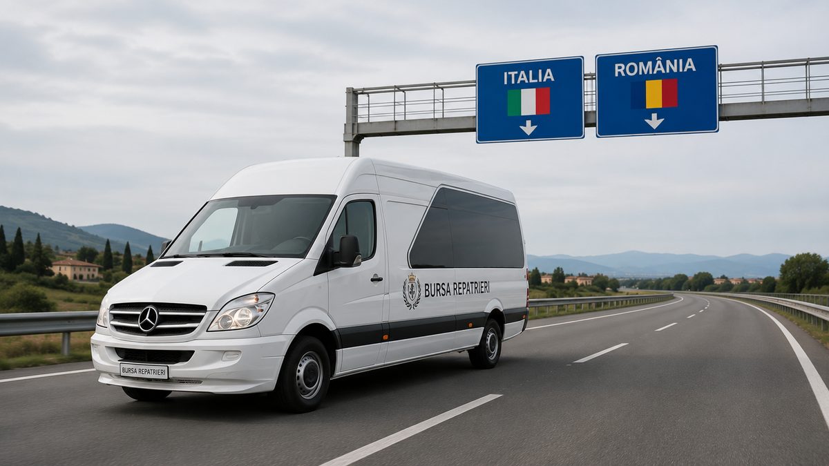 Dubă funerară Bursa Repatrieri pe autostradă, pe ruta Italia — România